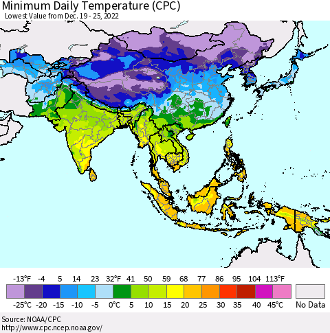 Asia Minimum Daily Temperature (CPC) Thematic Map For 12/19/2022 - 12/25/2022