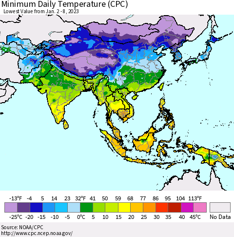 Asia Minimum Daily Temperature (CPC) Thematic Map For 1/2/2023 - 1/8/2023