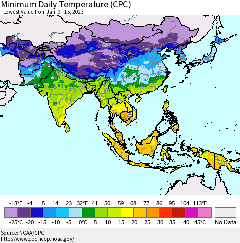 Asia Minimum Daily Temperature (CPC) Thematic Map For 1/9/2023 - 1/15/2023