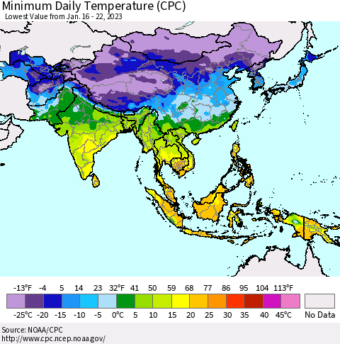 Asia Minimum Daily Temperature (CPC) Thematic Map For 1/16/2023 - 1/22/2023