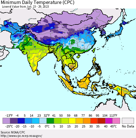 Asia Minimum Daily Temperature (CPC) Thematic Map For 1/23/2023 - 1/29/2023