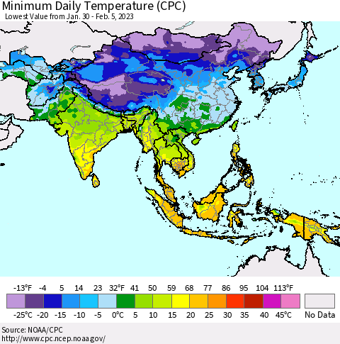 Asia Minimum Daily Temperature (CPC) Thematic Map For 1/30/2023 - 2/5/2023