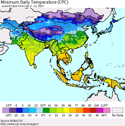 Asia Minimum Daily Temperature (CPC) Thematic Map For 2/6/2023 - 2/12/2023