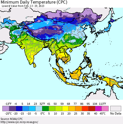 Asia Minimum Daily Temperature (CPC) Thematic Map For 2/13/2023 - 2/19/2023