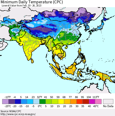 Asia Minimum Daily Temperature (CPC) Thematic Map For 2/20/2023 - 2/26/2023