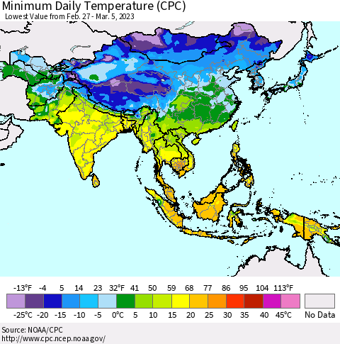 Asia Minimum Daily Temperature (CPC) Thematic Map For 2/27/2023 - 3/5/2023