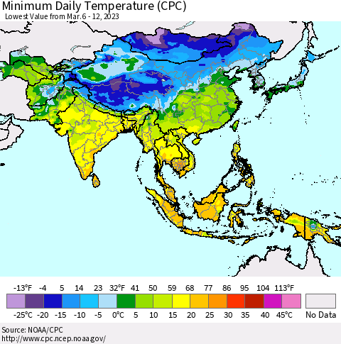 Asia Minimum Daily Temperature (CPC) Thematic Map For 3/6/2023 - 3/12/2023