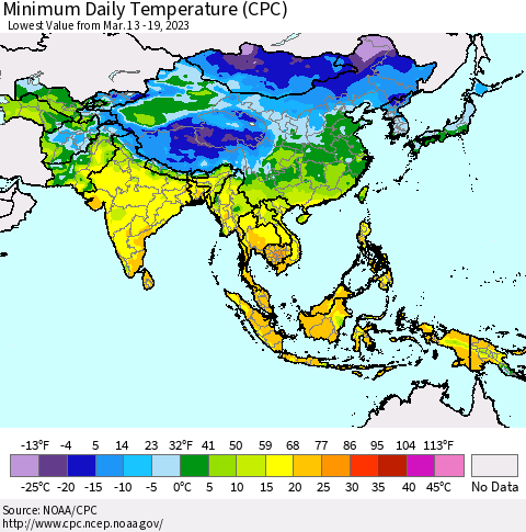 Asia Minimum Daily Temperature (CPC) Thematic Map For 3/13/2023 - 3/19/2023