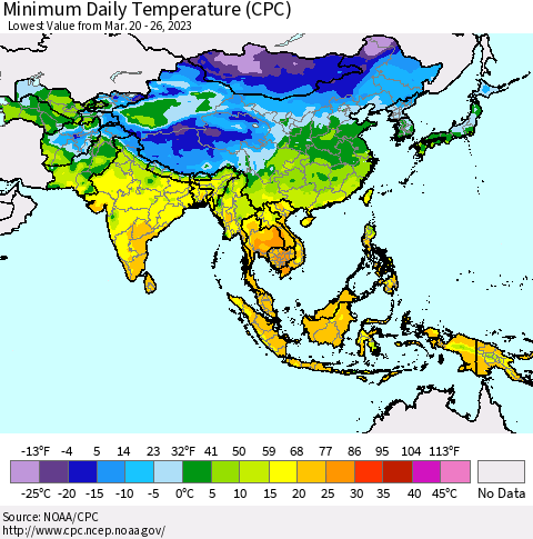 Asia Minimum Daily Temperature (CPC) Thematic Map For 3/20/2023 - 3/26/2023