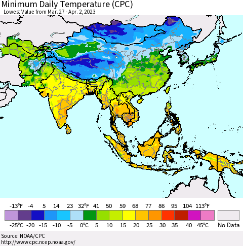 Asia Minimum Daily Temperature (CPC) Thematic Map For 3/27/2023 - 4/2/2023