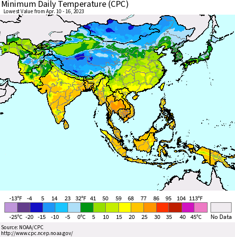 Asia Minimum Daily Temperature (CPC) Thematic Map For 4/10/2023 - 4/16/2023
