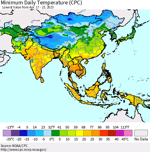 Asia Minimum Daily Temperature (CPC) Thematic Map For 4/17/2023 - 4/23/2023