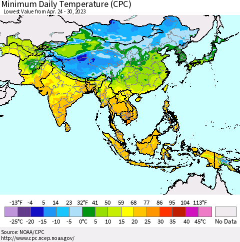 Asia Minimum Daily Temperature (CPC) Thematic Map For 4/24/2023 - 4/30/2023