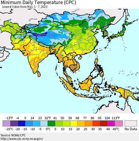 Asia Minimum Daily Temperature (CPC) Thematic Map For 5/1/2023 - 5/7/2023