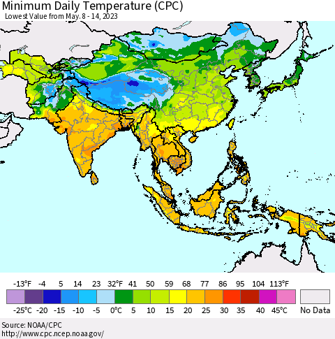 Asia Minimum Daily Temperature (CPC) Thematic Map For 5/8/2023 - 5/14/2023