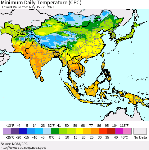 Asia Minimum Daily Temperature (CPC) Thematic Map For 5/15/2023 - 5/21/2023