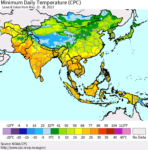 Asia Minimum Daily Temperature (CPC) Thematic Map For 5/22/2023 - 5/28/2023