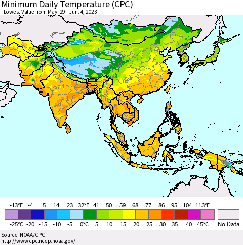 Asia Minimum Daily Temperature (CPC) Thematic Map For 5/29/2023 - 6/4/2023
