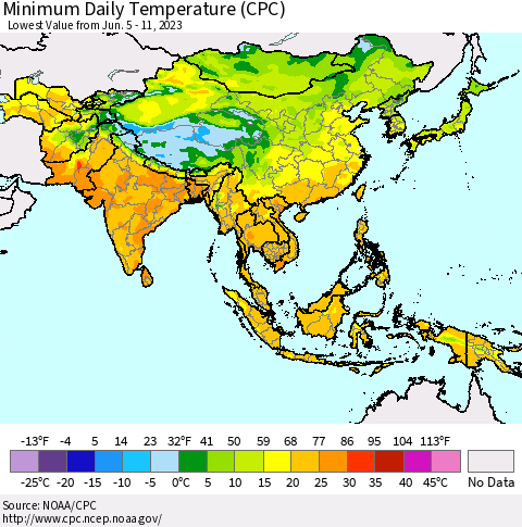 Asia Minimum Daily Temperature (CPC) Thematic Map For 6/5/2023 - 6/11/2023