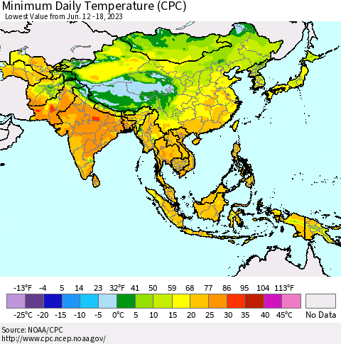 Asia Minimum Daily Temperature (CPC) Thematic Map For 6/12/2023 - 6/18/2023