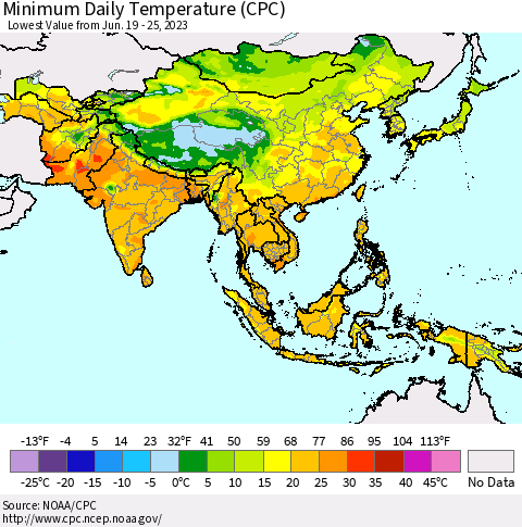 Asia Minimum Daily Temperature (CPC) Thematic Map For 6/19/2023 - 6/25/2023