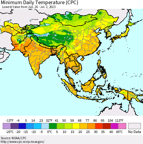 Asia Minimum Daily Temperature (CPC) Thematic Map For 6/26/2023 - 7/2/2023