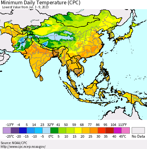 Asia Minimum Daily Temperature (CPC) Thematic Map For 7/3/2023 - 7/9/2023