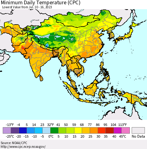 Asia Minimum Daily Temperature (CPC) Thematic Map For 7/10/2023 - 7/16/2023