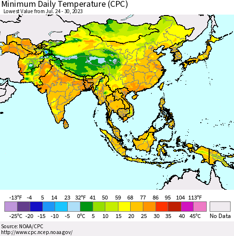 Asia Minimum Daily Temperature (CPC) Thematic Map For 7/24/2023 - 7/30/2023