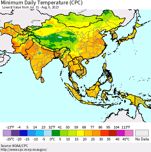 Asia Minimum Daily Temperature (CPC) Thematic Map For 7/31/2023 - 8/6/2023