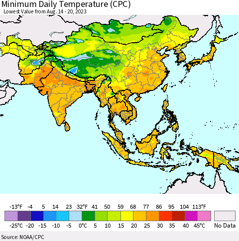 Asia Minimum Daily Temperature (CPC) Thematic Map For 8/14/2023 - 8/20/2023