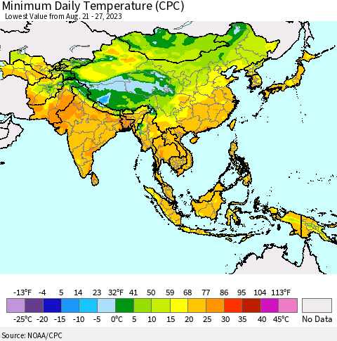 Asia Minimum Daily Temperature (CPC) Thematic Map For 8/21/2023 - 8/27/2023