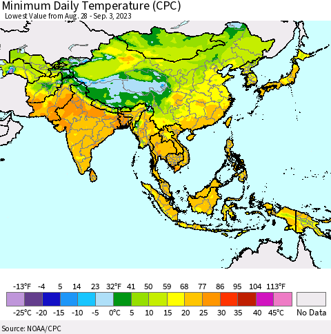 Asia Minimum Daily Temperature (CPC) Thematic Map For 8/28/2023 - 9/3/2023