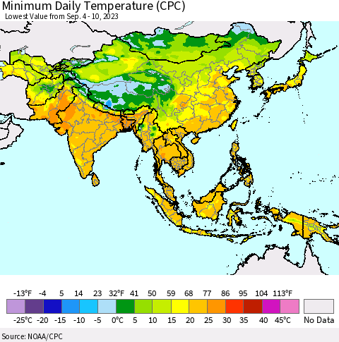 Asia Minimum Daily Temperature (CPC) Thematic Map For 9/4/2023 - 9/10/2023
