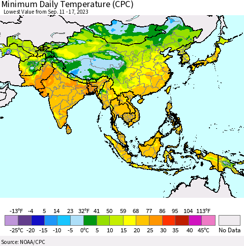 Asia Minimum Daily Temperature (CPC) Thematic Map For 9/11/2023 - 9/17/2023