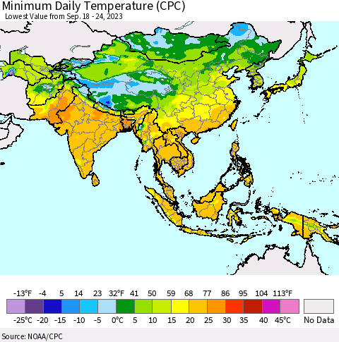 Asia Minimum Daily Temperature (CPC) Thematic Map For 9/18/2023 - 9/24/2023