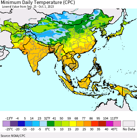 Asia Minimum Daily Temperature (CPC) Thematic Map For 9/25/2023 - 10/1/2023