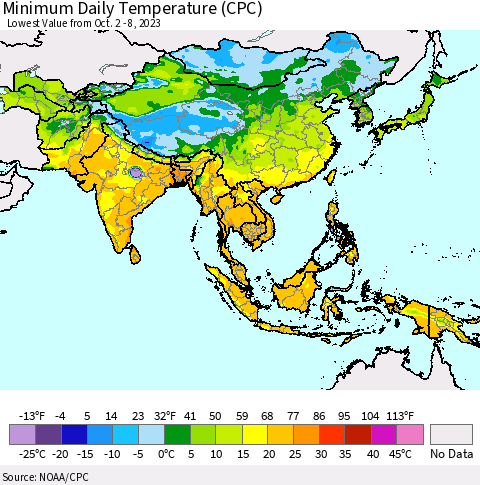 Asia Minimum Daily Temperature (CPC) Thematic Map For 10/2/2023 - 10/8/2023