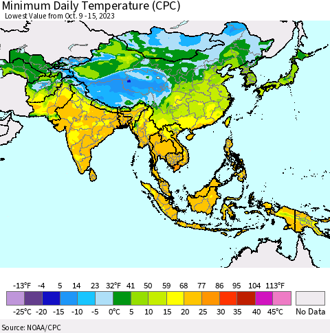 Asia Minimum Daily Temperature (CPC) Thematic Map For 10/9/2023 - 10/15/2023