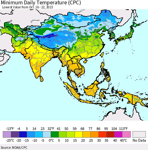 Asia Minimum Daily Temperature (CPC) Thematic Map For 10/16/2023 - 10/22/2023