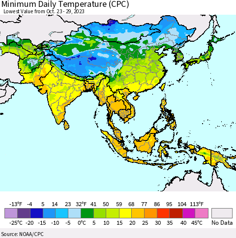 Asia Minimum Daily Temperature (CPC) Thematic Map For 10/23/2023 - 10/29/2023