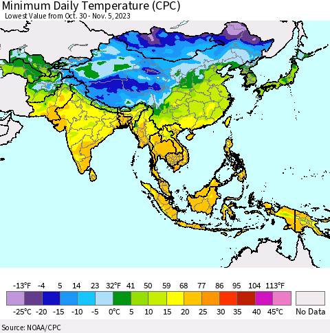 Asia Minimum Daily Temperature (CPC) Thematic Map For 10/30/2023 - 11/5/2023