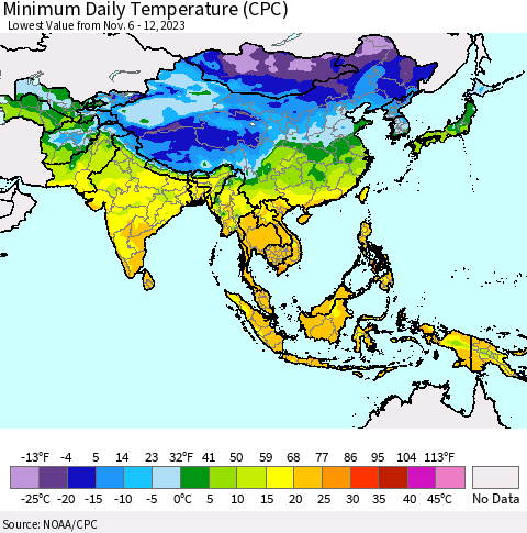 Asia Minimum Daily Temperature (CPC) Thematic Map For 11/6/2023 - 11/12/2023