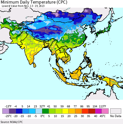 Asia Minimum Daily Temperature (CPC) Thematic Map For 11/13/2023 - 11/19/2023