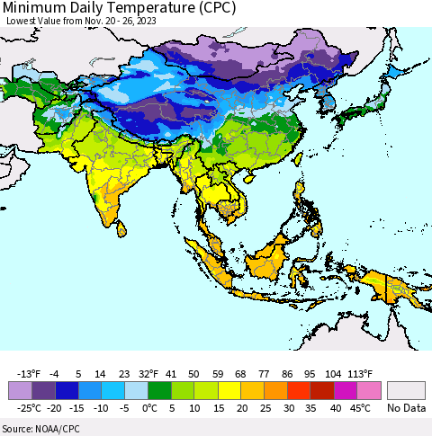 Asia Minimum Daily Temperature (CPC) Thematic Map For 11/20/2023 - 11/26/2023