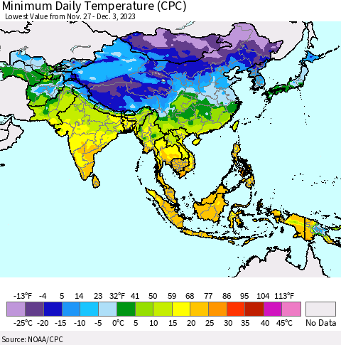 Asia Minimum Daily Temperature (CPC) Thematic Map For 11/27/2023 - 12/3/2023