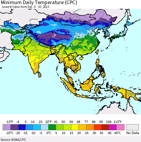 Asia Minimum Daily Temperature (CPC) Thematic Map For 12/4/2023 - 12/10/2023