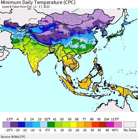 Asia Minimum Daily Temperature (CPC) Thematic Map For 12/11/2023 - 12/17/2023