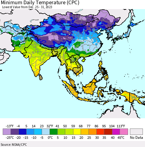Asia Minimum Daily Temperature (CPC) Thematic Map For 12/25/2023 - 12/31/2023