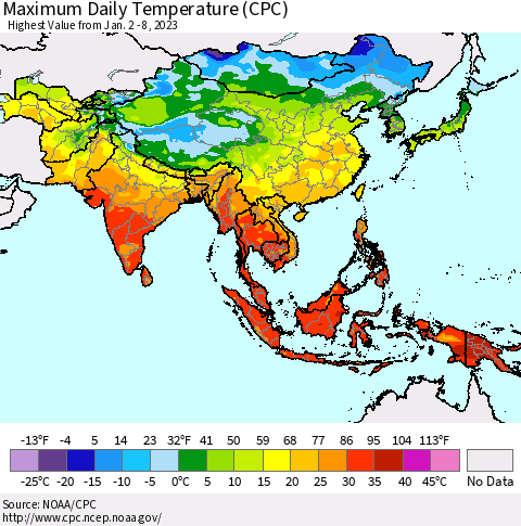 Asia Maximum Daily Temperature (CPC) Thematic Map For 1/2/2023 - 1/8/2023